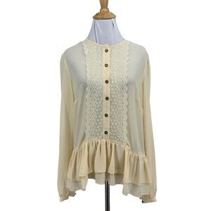 Asos Ruffle Blouse Womens 6 Cream Victorian Peplum Semi Sheer Mid Lace Top